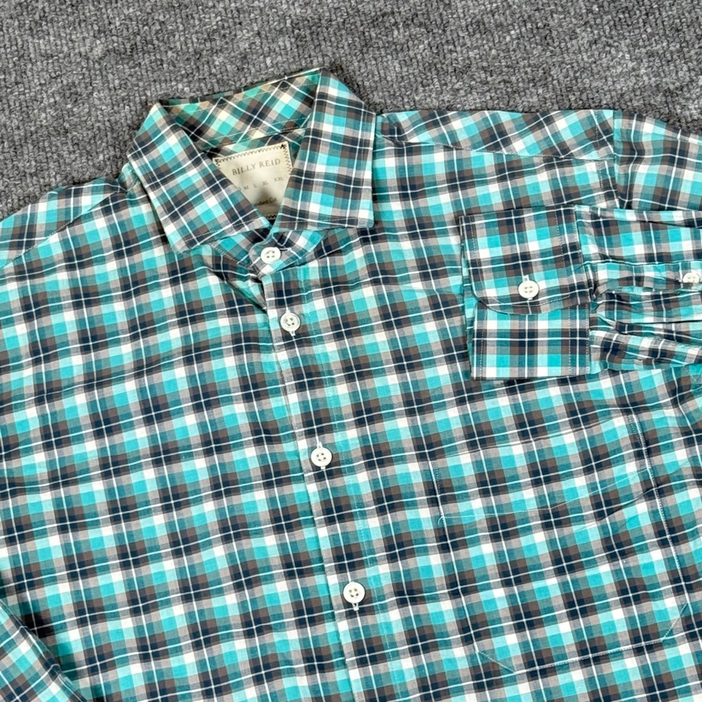 Billy‎ Reid Plaid Button Up Shirt Small Standard Cut Office LS Brown Blue Preppy